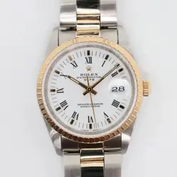 1991 VINTAGE ROLEX 15223 DATE 34MM 18K YELLOW GOLD STEEL WHITE ROMAN DIAL WATCH