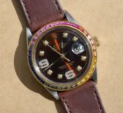 Vintage ROLEX 1601 Datejust 1969 Watch Diamond Dial Rainbow Bezel