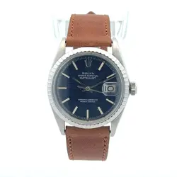 ROLEX DATEJUST STAINLESS STEEL BLUE MOTIF DIAL BROWN LEATHER BAND 1603