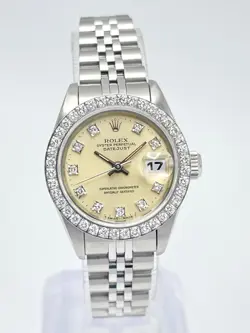 LADIES ROLEX DATEJUST 26MM 69174 FACTORY CREAM SILVER DIAMOND DIAL DIAMOND BEZEL