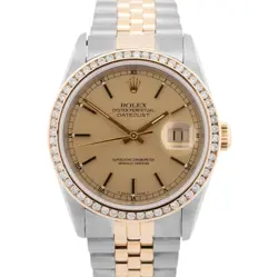 ROLEX DATEJUST 36MM CHAMPAGNE DIAMOND BEZEL 18K GOLD JUBILEE STEEL WATCH 16233