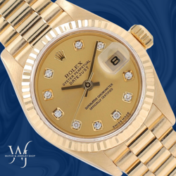 ROLEX LADIES DATEJUST 26MM 18KY GOLD CHAMPAGNE DIAMOND NS DIAL FLUTED PRESIDENT