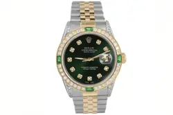 ROLEX DATEJUST 36 MM GREEN DIAMOND DIAL TWO TONE WATCH WITH DIAMONDS & EMERALDS