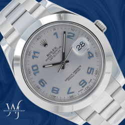 ROLEX DATEJUST II W/ CARD 41MM SILVER BLUE ARABIC DIAL SMOOTH OYSTER BAND 116300