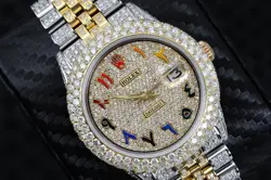 ROLEX DATEJUST 36 MM ARABIC PAVE DIAMOND DIAL TWO TONE ICED-OUT DIAMOND WATCH