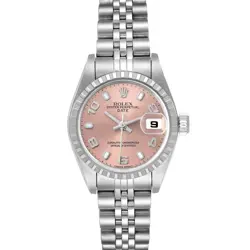 ROLEX DATE SALMON DIAL ENGINE TURNED BEZEL STEEL LADIES WATCH 79240