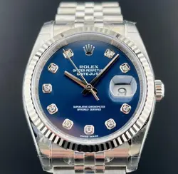 ROLEX DATEJUST 36MM BLUE DIAL WITH DIAMOND HOUR MARKERS - LUXURY MEN'S WATCH