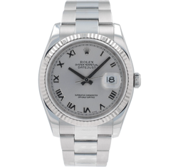 ROLEX DATEJUST 116234 36MM SILVER ROMAN NUMERAL DIAL FLUTED BEZEL OYSTER BAND