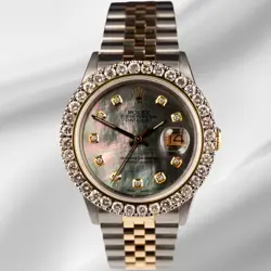 ROLEX DATEJUST 36MM YG/STEEL 2.50CT DIAMONDS BLACK MOP DIAL HIDDEN CLASP WATCH