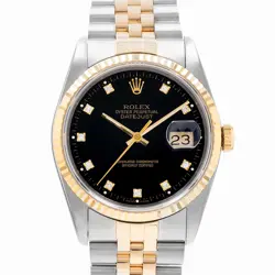 ROLEX DATEJUST 36 16233 BLACK DIAMOND STEEL YELLOW GOLD JUBILEE MENS WATCH 1990