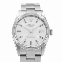 ROLEX OYSTER PERPETUAL DATE 15010 34MM SILVER INDEX STEEL OYSTER MENS WATCH
