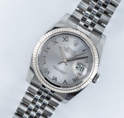 ROLEX DATEJUST 36MM WHITE GOLD SILVER ROMAN DIAL STEEL BRACELET 116234