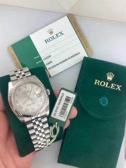 Rolex Datejust 36mm 18k White Gold Bezel Silver Roman Dial Steel Bracelet 116234