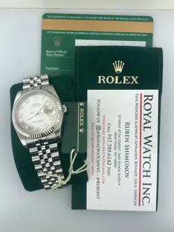 Rolex Datejust 36mm 18k White Gold Bezel Silver Roman Dial Steel Bracelet 116234