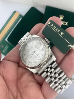 Rolex Datejust 36mm 18k White Gold Bezel Silver Roman Dial Steel Bracelet 116234