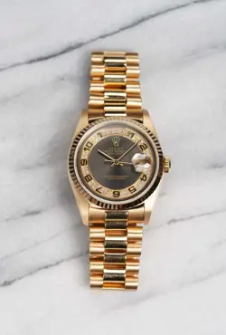 ROLEX DAYDATE 18K GOLD REF 18238 80S GREY MYRIAD DIAMOND DIAL 36MM