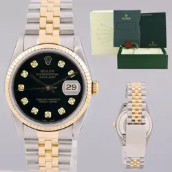 MINT ROLEX DATEJUST 16233 TWO TONE YELLOW GOLD JUBILEE BLACK DIAMOND WATCH BOX