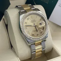 ROLEX DATEJUST 36MM GOLD SUNRAY DIAL 2-TONE OYSTER DIAMOND BEZEL REF: 116201