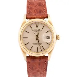 VINTAGE ROLEX OYSTER PERPETUAL DATE 34MM SILVER 14K YELLOW GOLD LEATHER 1503