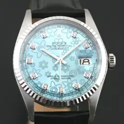 VINTAGE ROLEX DATEJUST 1601 CAL 1570 ICE BLUE FLORAL DIAMOND DIAL MEN`S WATCH