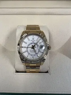 ROLEX SKY-DWELLER YELLOW GOLD WHITE DIAL BOX AND PAPERS