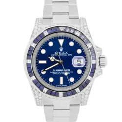 MINT ROLEX SUBMARINER DATE BLUE DIAMOND SAPPHIRE BEZEL LUGS 40MM WATCH 116610