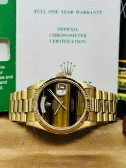 ROLEX DAY-DATE PRESIDENT 18038 TIGER EYE DIAL YELLOW GOLD FULL SET UNPOLISHED