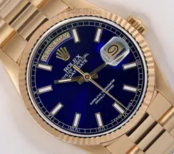 ROLEX MEN DAY-DATE 18038 PRESIDENTIAL 18K GOLD 36MM WATCH-BLUE STICK DIAL