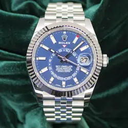 ROLEX SKY-DWELLER BLUE DIAL FLUTED BEZEL JUBILEE STEEL MINT COMPLETET SET 326934