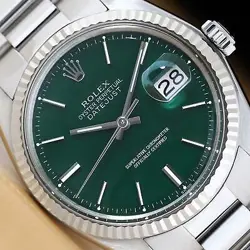 ROLEX MENS DATEJUST GREEN DIAL 18K WHITE GOLD STEEL WATCH W/ OYSTER BRACELET