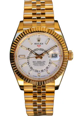 ROLEX 336938 SKY-DWELLER 18K YELLOW GOLD FLUTED BEZEL WHITE DIAL WATCH