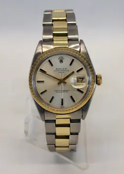 1967 ROLEX DATE AUTOMATIC WATCH TWO TONE REF 1500 34MM OYSTER BRACELET SILVER