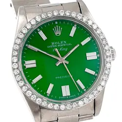 ROLEX MENS AIR-KING SS WATCH 34MM GREEN DIAL DIAMOND BEZEL OYSTER BAND 14000