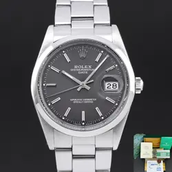 ROLEX OYSTER PERPETUAL DATE 15000 34MM 1988 STEEL GRAY DIAL FULLSET 1Y WARRANTY