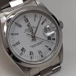 ROLEX DATE 34 MM STEEL GREEN BACK STICKER WHITE ROMAN WATCH 15200 X SERIES 1991