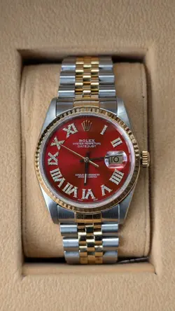 ROLEX DATEJUST TWOTONE WATCH RED DIAMOND ROMAN DIAL