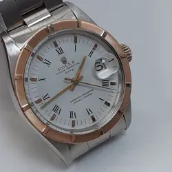 ROLEX DATE 34 MM TWO TONE OYSTER WHITE ROMAN AUTOMATIC WATCH 1501 CIRCA 1971
