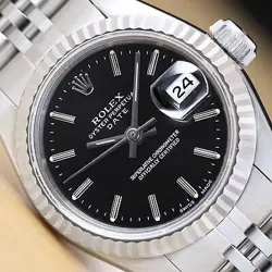ROLEX LADIES DATEJUST 69174 BLACK DIAL 18K WHITE GOLD STAINLESS STEEL WATCH