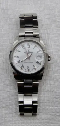 Mens Rolex Date 15000 Stainless Steel Watch Oyster Band White & Black Roman Dial