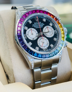 ROLEX DAYTONA 116520 STAINLESS STEEL CUSTOM RAINBOW BEZEL-DIAMOND LUGS & DIAL