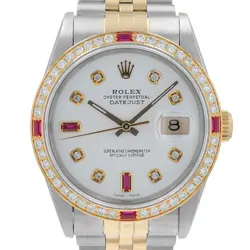 ROLEX DATEJUST MENS TWOTONE WATCH 16233 WHITE GENUINE DIAMOND-RUBY DIAL & BEZEL