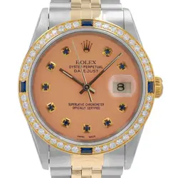 ROLEX DATEJUST UNISEX TWOTONE WATCH 16233 PEACH SAPPHIRE DIAL & DIAMOND BEZEL