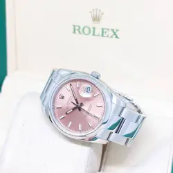 ROLEX 34MM SALMON PINK BATONS DIAL OYSTER PERPETUAL DATE REF: 115200 (M SERIES)
