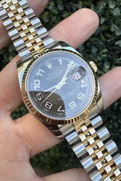 2015 ROLEX DATEJUST 36MM JUBILEE STEEL 18K GOLD BRONZE ARABIC DIAL 116233 B+P