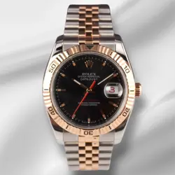 ROLEX 36MM DATEJUST TURNOGRAPH BLACK DIAL STEEL ROSE GOLD MENS WATCH 116261