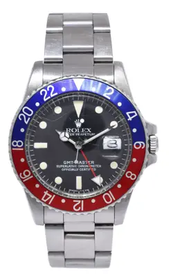 ROLEX GMT-MASTER PEPSI RED/BLUE BEZEL BLACK DIAL STEEL MENS 40MM WATCH '78 1675