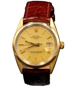ROLEX DATE 15505 MENS 14K YELLOW GOLD SHELL WATCH BROWN BAND CHAMPAGNE DIAL