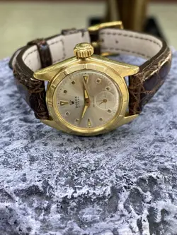 ROLEX 18K OYSTER PERPETUAL REF 5003 AUTOMATIC BUBBLE BACK LADIES WATCH 23MM