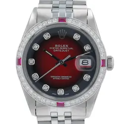 ROLEX MENS DATEJUST WATCH SS RED VIGNETTE DIAL DIAMOND-RUBY BEZEL JUBILEE BAND