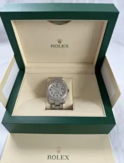 ROLEX DATEJUST II 41 MM ARABIC SCRIPT PAVE DIAMOND DIAL ICED OUT STEEL WATCH